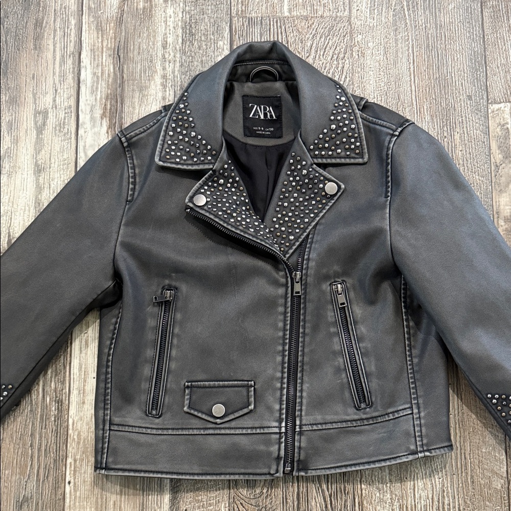 Zara Kids Gray Studded Faux Leather Jacket , Size 8-9